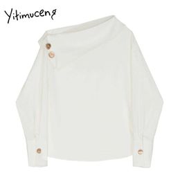 Yitimuceng White Blouse Women Long Sleeve Metal Decoration Button Up Shirts Straight Spring Fashion Skew Collar Tops 210601