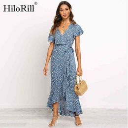 Summer Long Maxi Dress Women Casual Boho Floral Print Beach Sexy V-Neck Ruffle Bodycon Wrap High Slit Party 210508