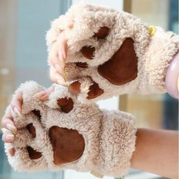 Five Fingers Gloves Cute Cat Fluffy Claw Fingerless Warm Soft Plush Panda Glove Half Finger Women Winter Wear Christmas Gifts