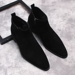 Chelsea Boots Genuine Leather Boots Men Shoes Cow Suede Ankle Boots Black Zipper Male British Style Slip-on Winter Spring