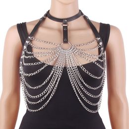 Sexy Neck Collar Black Colour Pu Leather Body Harness for Women Hip Hop Multilayer Tassel Chest Metal Waist Chain