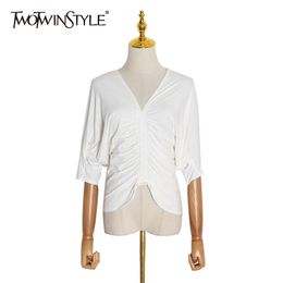 TWOTWINSTYLE Ruched White T Shirt For Women V Neck Short Sleeve Tunic Front Slit Minimalist T Shirts Female Summer Fashion 210517