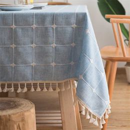 Japan Style Cotton Linen Tablecloth Pink Stripes Plaid Embroidered Rectangular Dining Table Cloth for Christmas Banquet Decor 211103