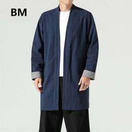 Chinese Style Cotton Linen Cloak National Style Robe Long Gown Plus Size Autumn Trench Coat Long Cardigan Clothes Men Clothing 211011