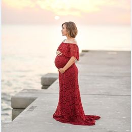 Fashion Maternity Red Dress for Photo Shoot Maxi Maternity Gown Sleeveless Lace Fancy Sexy Women Maternity Photography Props Q0713