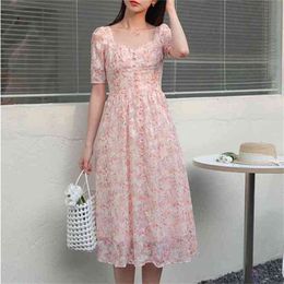 Summer Women Elegant Square Collar Short-Sleeved Chiffon Dress Korean Fashion High Waist Floral Print Vintage Midi Dresses 210519