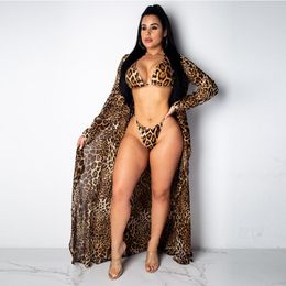 Bikini 3PCS Summer Swimwear Women Leopard Print Beach Wear High Cut Thong Set Swimsuit Cover Up Candigan Bathing Suit Sarongs