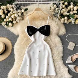 Women Fashion Retro Bead Sequin Bow Slim Mini A-line Dress Summer Sleeveless Clothes Vestidos De Mujer R958 210527