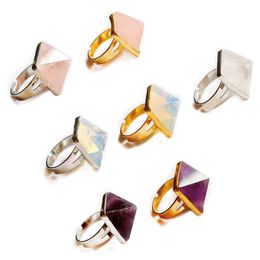 Natural Stone Crystals Adjustable Size Aura Rings Inlaid Quartz Pyramid Creative Big Ring European American Fashion Charm Reiki Heal Crystal Jewellery