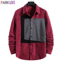 Vintage Red Patchwork Corduroy Mens Dress Shirts Autumn Casual Warm Easy Care Shirt Men Hit Color Fashion Chemise 2XL 210522