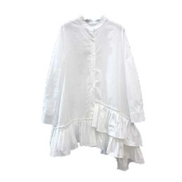 PERHAPS U White Black Mandarin Collar Button Dress Long Sleeve Solid Pleated Short Mini Dress Asymmetrical D1350 210529