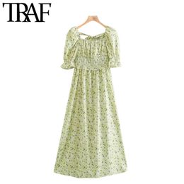 Women Chic Fashion Floral Print Ruffled Midi Dress Vintage Back Bow Tied Smocked Elastic Female Dresses Vestidos 210507