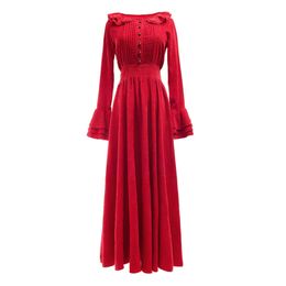 Blue Red Vintage Solid Button Long Sleeve Flare Maxi Dress Elegant Autumn Spring Chic Ruffle D1444 210514