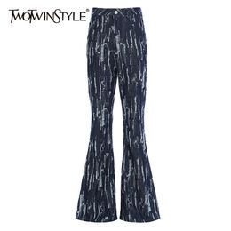 Patchwork Hole Denim Pants For Women High Waist Plus Size Casual Flare Jeans Female Autumn Fashion Style 210521