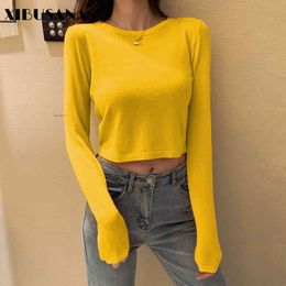 Casual Short T-shits Women Crop Tops Pullover Shirts Spring Autumn Fashion Female Solid Long Sleeve TShirt Tee 210423