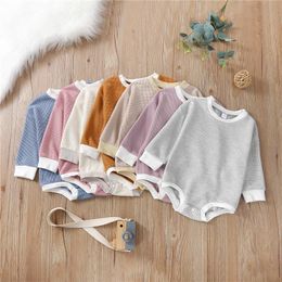 Rompers 0-24 Unisex Baby Spring Autumn Jumpsuit Long Sleeve Crew Neck Colour Block Knit Bodysuit For Born Girls Boys Fall Playsuit
