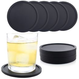 8 Pcs Round Black Thicken Glass Coasters Durable Silicone Pad for Drinks Cups Dropship 210817
