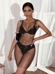 SRUBY Sexy See-through Fishnet Rhinestone Mini Summer Dress Women's Bikini Beach Party Club Dress Mesh Crystal Diamond Dress Y220214