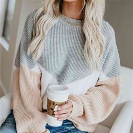 Plus Size Loose Knitted Sweater Women Jumpers Long Sleeve Woman Pullovers s Casual Winter Colour Block Striped 210922