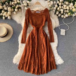 Neploe French Lace Hook Flower Temperament Dress Women High Waist Hip A Line Slim Vestidos Suqare Collar Long Sleeve Solid Robe 210510