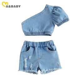 6M-4Y Summer Toddler Kid Girls Clothes Sets Denim Outfits One Shoulder Crop Top Shorts Jeans Costumes 210515