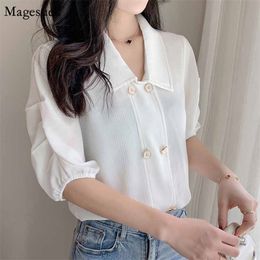 Summer Simple Chiffon Blouse Solid Short Sleeve Women Tops White Elegant Shirt Puff Office Lady Clothing10290 210518