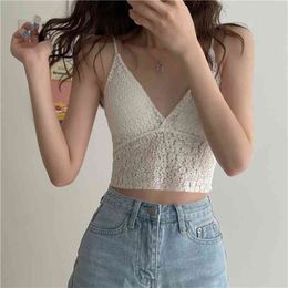 Fashion Strap Ruched White Lace Top Bow See Through Sexy Crop Women Cami Y2K Ladies Corset Frill Tank s 210529
