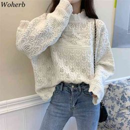 Woherb Vintage Sweaters Women Half Turtleneck Loose Hollow Out Pullovers Woman Clothes Knitted Sueter Mujer Jumper 4e995 210812