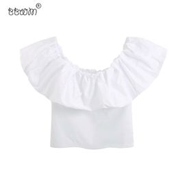 Women Sweet Fashion White Ruffles Short Blouses Vintage Slash Neck Short Sleeve Stretchy Shirts Girls Chic Tops 210520