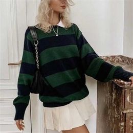 PUWD Vintage Girls Loose Striped Cotton Pullover Sweet Sweaters Autumn Fashion Ladies Y2K Oversize Knitwear Cute Women Chic 211123