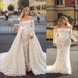 2021 Sexy Luxury Mermaid Wedding Dresses Bridal Gowns Off Shoulder Sheer Illusion Detachable Train Overskirts Tulle Tiered Appliqued Lace Long Sleeves Custom