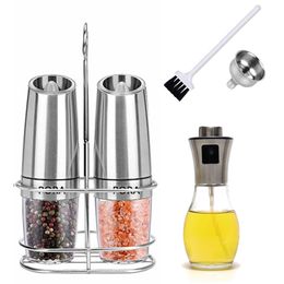 Automatic Pepper Mill Electric Salt and Grinder Olive Oil Spray Bottle Set,Metal Stand Kitchen Spice Cooking Tools 210712