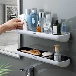 Wall-Mounted Bathroom Shelf Rectangular Storage Rack With Towel Bar Lotions Kitchen Organiser For Accessories 211112