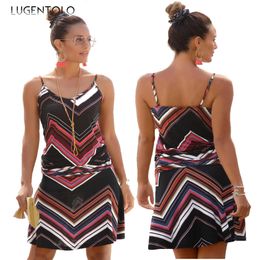 Lugentolo Women's Dress Summer Loose Printed Wavy Pattern Beach New Style Casual Sleeveless Sexy Female Short Dress Y0603