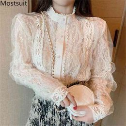 Spring Korean Lace Blouses Tops Women Long Sleeve Stand Collar Pearl Buttons Shirts Vintage Fashion Elegant Blusas 210513