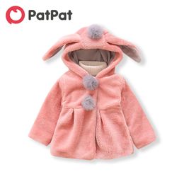 İlkbahar ve Sonbahar Bebek Yürüyor Kız Sevimli Bunny Kulak Dekor Ponpon Katı Polar Sıcak Kapüşonlu Coat 210528