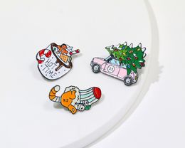 Christmas Coffee Cup Car Tree Enamel Pin Hot Time Brooch Denim Jeans Shirt Bag Red Green Jewelry Gift for Friends Kids