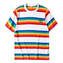 t-shirt men summer clothing rainbow stripe casual o-neck homme tops tee femme Hipster t-shirts clothes