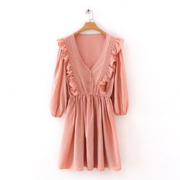 women elegant lace decoration solid ruffles mini dress high waist vestidos three quarter sleeve casual dresses DS3463 210420