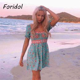 Puff Sleeve Boho Mini Beach Summer Dress Australia Floral Print Short Robe Pink Vintage 210427