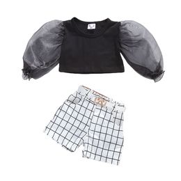9M-5Y Toddler Infant Kid Girls Clothes Set Puff Sleeve Black T shirt Tops Plaid Shorts Autumn Costumes Outfits 210515