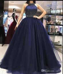 2021 A Line navy blue long prom dress Beaded Backless Halter Floor Length Evening Gowns Formal Party Dresses
