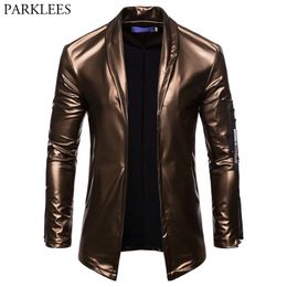 Shiny Gold Pu Leather Blazer Jacket Men Brand Slim Fit Cardigan Mens Blazers Nightclub Party DJ Stage Clothers for Male 210522