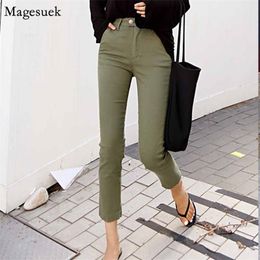 Autumn Korean High Waist Casual Elastic Straight Pants Army Green Jeans Women Stretch for Mujer 10415 210518