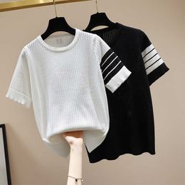 plus size L-4XL spring Summer o Neck Knitted Pullovers Women loose basic Sweater Stripe Color Jumpers female sweater top 210604