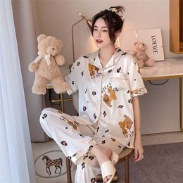 Summer Pyjamas Women's Imitation Silk Lapel Cardigan Loose Thin Style Home Service Girls Short-sleeved Trousers Two-piece Suit 211112