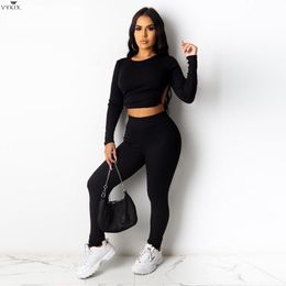 Women's Two Piece Pants Korean Elegant Ribbed Tracksuits Backless Crop Tops And Legging Sport Matching 2 Sets Outftis Sweatsuits