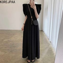 Korejpaa Women Jumpsuits Summer Korean Chic French Temperament Round Neck Slim Pleated Design Puff Sleeve Casual Jumpsuit 210526