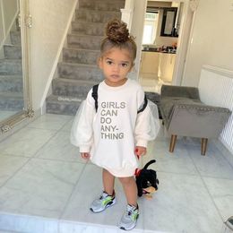 Toddler Baby Girl Fashion Sweatshirt Dress Mesh Long Puff Sleeve Letter Printed Pullover Straight Knee Length Dress Q0716