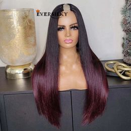 1B/99J Ombre Burgundy Natural Human Hair U Part Wig for Women Silky Straight Machine Made Wigs 1x4 Open UPart Indian Remy Hairs with Combs 100% Unprocessed Glueless